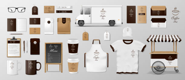 Mockup set for coffee shop, cafe or restaurant. Coffee food package for corporate identity design. Realistic set of cardboard, Food delivery truck, cup, pack, shirt, menu Coffee, Cafe, Food delivery truck - corporate identity branding Mockup. Realistic MockUp set of food truck, uniform, envelope, cup, paper pack, menu. Coffee, Fast food package branding identity business merchandise stock illustrations