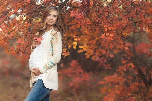 Portrait of young pregnant woman in casual clothes walking in red autumn park