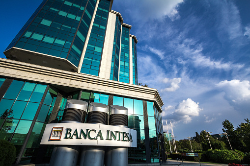 Picture of the Banca Intesa SanPaolo sign on their headquarters for Serbia in Belgrade. Intesa Sanpaolo is an Italian banking group, the largest banking group in Italy by market capitalization, and second by assets