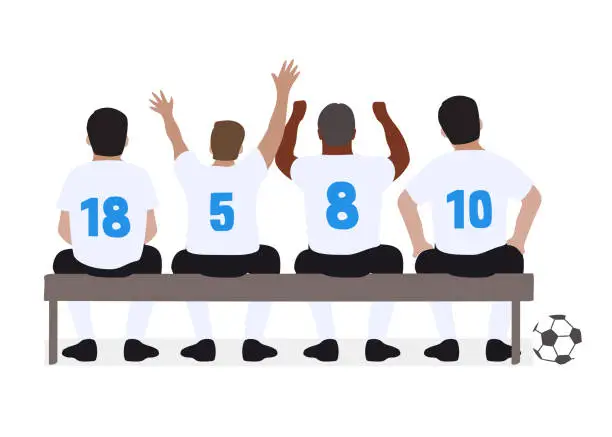 Vector illustration of Football soccer match. Football players waiting on a bench.