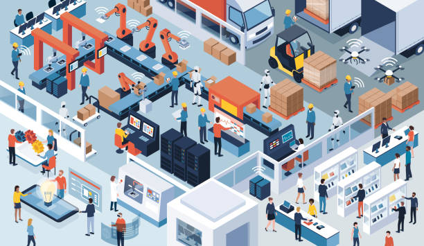 Industry 4.0, automation and innovation Innovative contemporary smart industry: product design, automated production line, delivery and distribution with people, robots and machinery, industry 4.0 concept factory stock illustrations