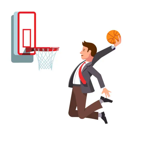 Vector illustration of Businessman performing basketball hoop slam dunk. Business man achieving business goals and success. Flat vector clipart illustration.