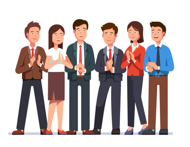 illustrations, cliparts, dessins animés et icônes de le sourire acclamant hommes d’affaires et de femme d’affaires clapping mains au spectateur avec approbation. illustration de vecteur plat de clipart. - clapping applauding gratitude human hand