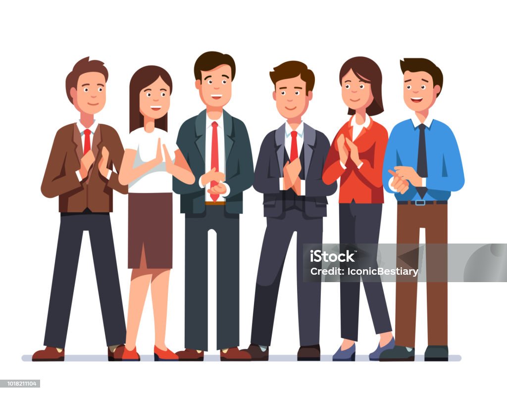 Smiling cheering businessmen and businesswoman clapping hands at viewer with approval. Flat vector clipart illustration. Group of cheerful business man and woman clapping hands at viewer. Smiling cheering business people team applauding with approval. Flat character vector illustration isolated on white background. Employee Of The Month stock vector