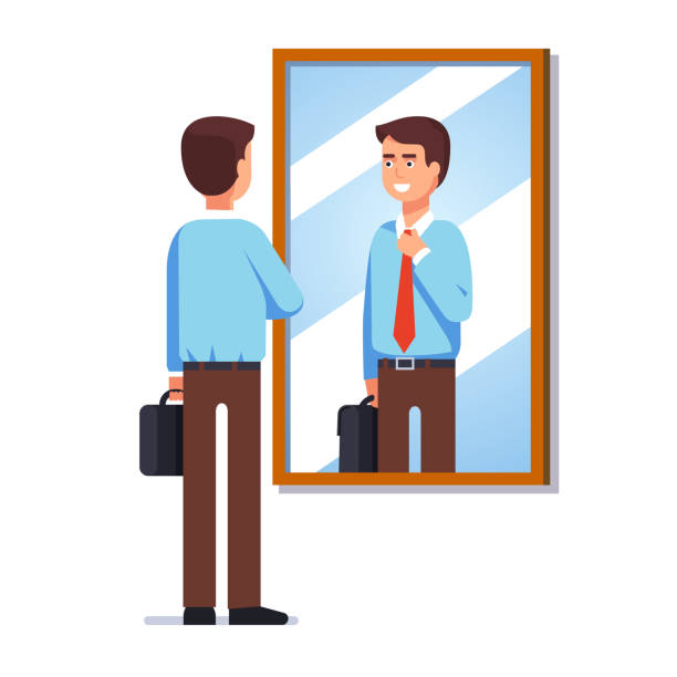 ilustrações de stock, clip art, desenhos animados e ícones de young businessman looking at his reflection in wall mirror fixing necktie getting ready for work. flat vector clipart illustration. - vanity business business person men