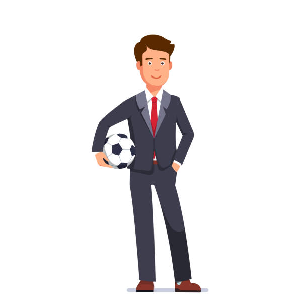 ilustraciones, imágenes clip art, dibujos animados e iconos de stock de fútbol manager usa formal hombre traje con corbata con balón de fútbol. ilustración de imágenes prediseñadas de vector plano. - suit soccer men sport