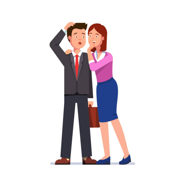 ilustrações de stock, clip art, desenhos animados e ícones de gossiping woman whispering secrets in business man ear. flat vector clipart illustration. - gossip couple love concepts