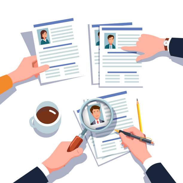 Human resources manager looking through business man and woman job candidates CV with magnifying glass. Top view flat vector clipart illustration. HR manager looking through business man and woman job candidates CV with magnifying glass. Employee applicants search, check and hiring research. Headhunting concept. Flat isolated vector illustration on white background. through stock illustrations