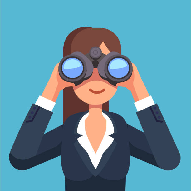 Smiling businesswoman searching for a job looking through binoculars. Flat vector clipart illustration. Business woman looking through binoculars searching for a job. Flat style isolated vector illustration on background. searching binoculars stock illustrations