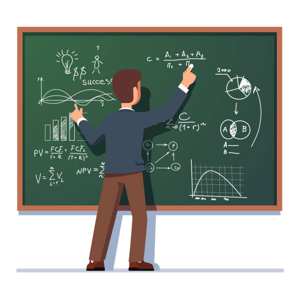 Business school professor teaching explaining and writing formula on class chalkboard. Flat vector clipart illustration. Business school professor teaching explaining and writing formula on chalkboard. Business man teacher standing at class blackboard. Flat style isolated vector character illustration on white background. math teacher stock illustrations