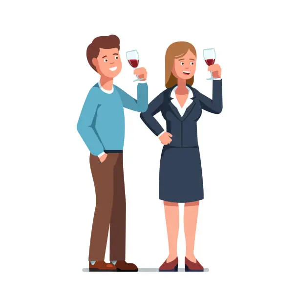 Vector illustration of Sommelier man and woman looking at red wine in wineglasses evaluating alcohol drink. Flat vector clipart illustration.