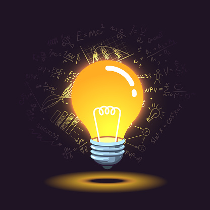 Glowing in the dark idea light bulb with lit science formulas in background concept. Bright creative idea light highlighting formulas dispelling ignorance darkness. Flat style isolated vector illustration on background.