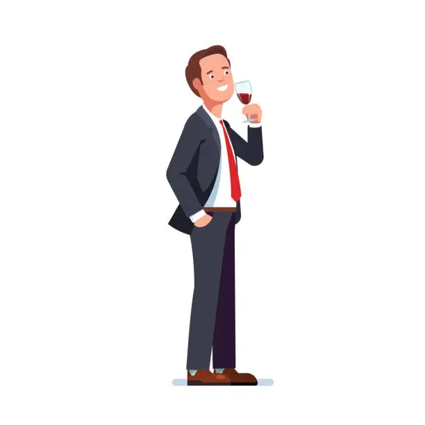 Vector illustration of Man wearing formal business suit drinking tasting red wine in a wineglass. Flat vector clipart illustration.