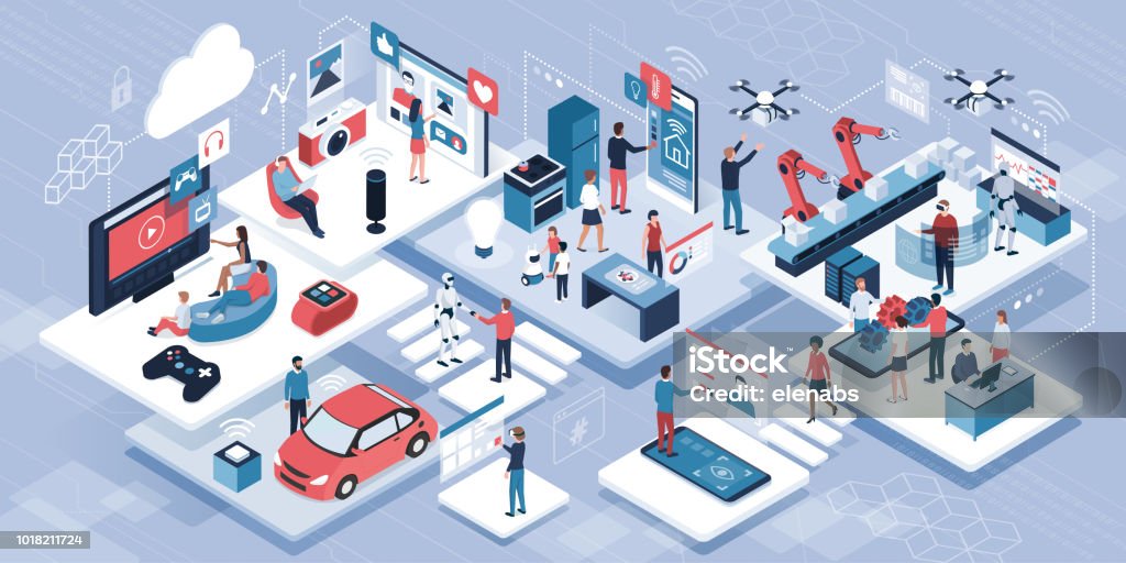 Blockchain, internet of things and lifestyle Blockchain, internet of things and lifestyle: people using connected devices and touch screen interfaces, robots and smart industry Internet of Things stock vector