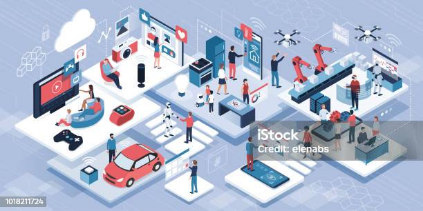Blockchain Internet Of Things And Lifestyle Stock Illustration - Download Image Now - Internet of Things, Illustration, Factory