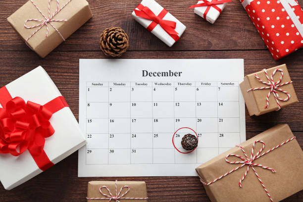 istock Gift boxes and calendar list on wooden table. Boxing day concept 1018214610