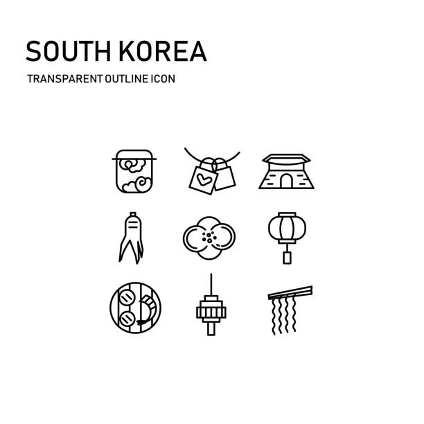south korea icon design with transparent thin line south korea icon design with transparent thin line including 9 icon, korea drum, love lock, palace, ginseng, camellia, ancient lamp, seoul tower, grilled korean icon stock illustrations