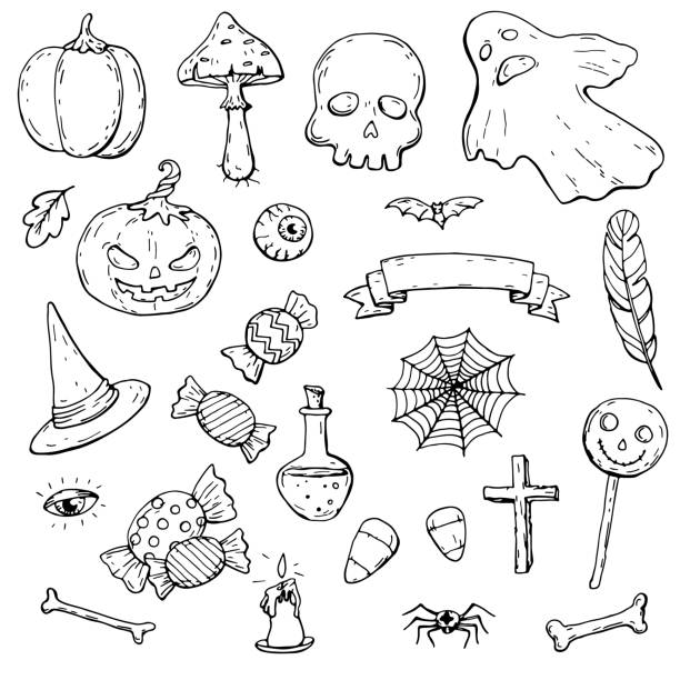 ilustraciones, imágenes clip art, dibujos animados e iconos de stock de colección de garabatos de halloween - spider web halloween corn pumpkin