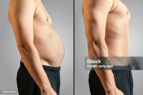 Before And After Losing Fat Stock Photo - Download Image Now - Dieting, Men, Anticipation