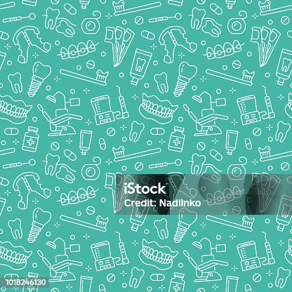 istock Dentist, orthodontics blue seamless pattern with line icons. Dental care, medical equipment, braces, tooth prosthesis, floss, caries treatment, toothpaste. Health care background for dentistry clinic 1018246130