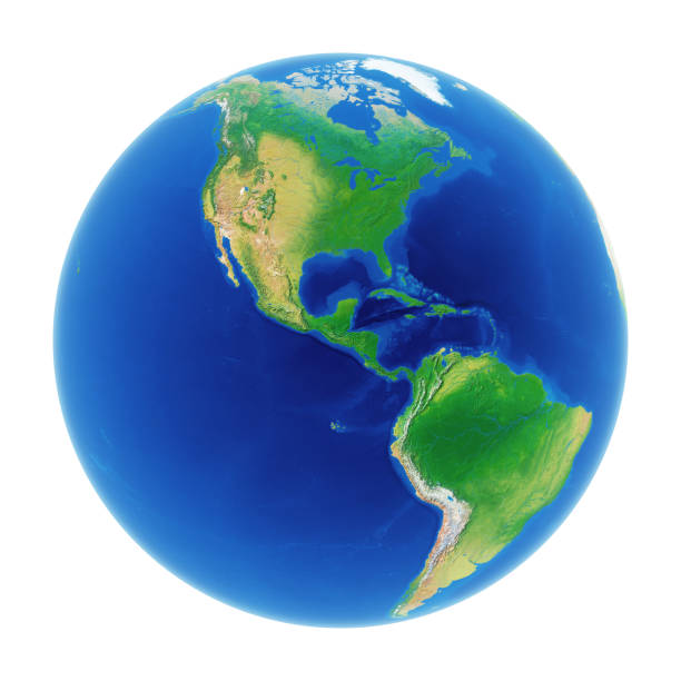 istock Earth globe without clouds and ice on north pole. Isolated on white, clipping path included. 1018256186