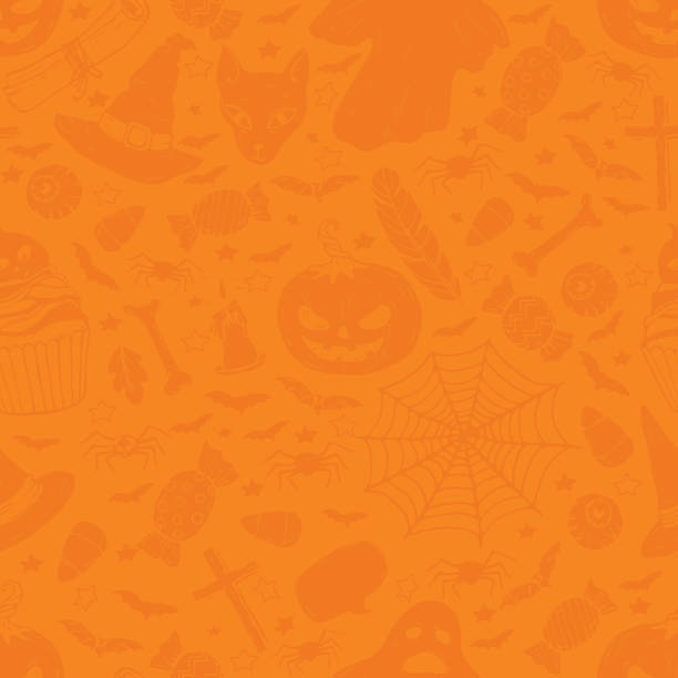 Seamless Halloween Pattern Seamless Halloween Pattern, orange background with pumpkin, spider, candy yellow spider stock illustrations