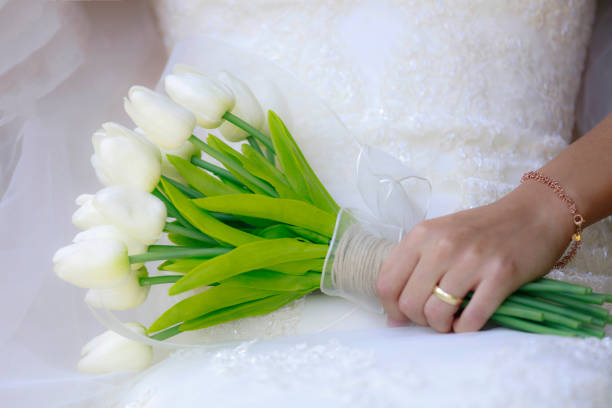 Wedding close up of white bridal bouquet