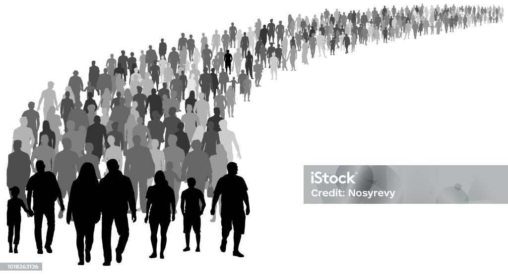 Crowd of people silhouette vector. Resettlement of refugees, emigrants. A lot of walking people In Silhouette stock vector