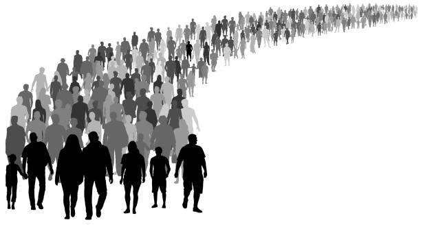 Crowd of people silhouette vector. Resettlement of refugees, emigrants. A lot of walking people Crowd of people silhouette vector. Resettlement of refugees, emigrants. A lot of walking people crowd of people icons stock illustrations