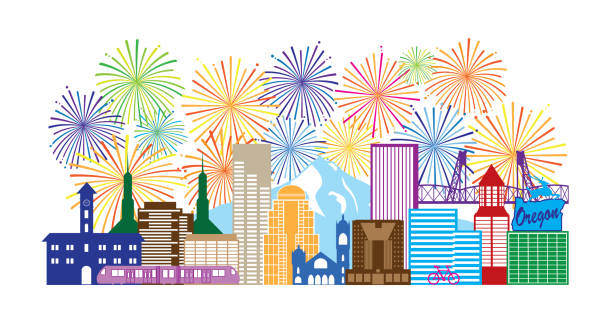 illustrazioni stock, clip art, cartoni animati e icone di tendenza di portland or city skyline downtown panorama e fuochi d'artificio colore illustrazione - portland oregon skyline cityscape silhouette