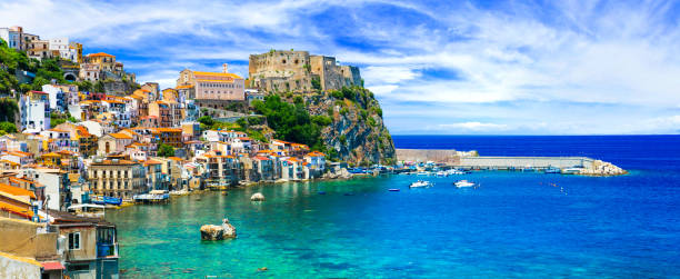 beautiful beaches and towns of Calabria - Scilla. Italian summmer holidays. beautiful medieval town Scilla in Calabria with great beaches castle scilla stock pictures, royalty-free photos & images