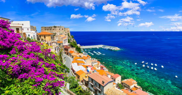 Beautiful coastal town Scilla in Calabria. Italy beautiful medieval town Scilla in Calabria with great beaches castle scilla stock pictures, royalty-free photos & images