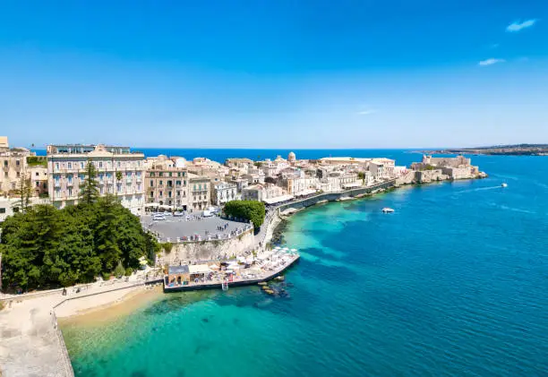 Panoramic view of Ortygia, Syracuse, Sicily. Photo taken with drone.