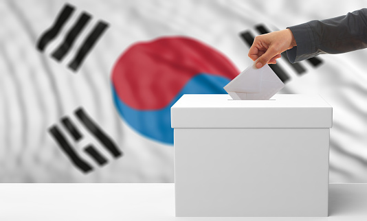 Voter on an waiving South Korea flag background. 3d illustration