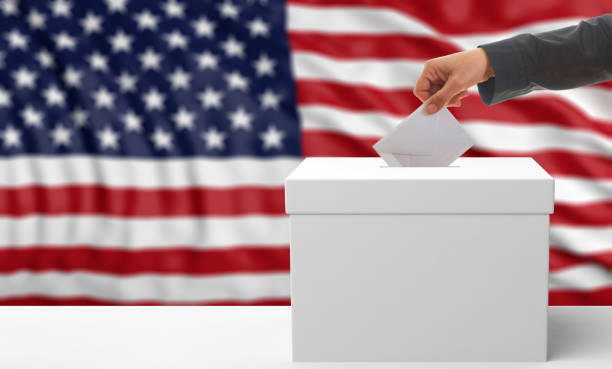 istock Voter on an USA flag background. 3d illustration 1018272460
