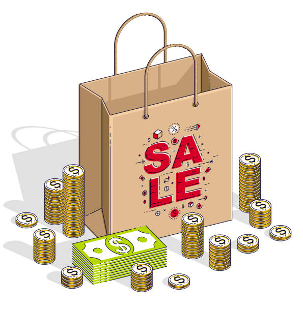 Sellout concept, Retail, Big Sale, Shopping Bag with cash money stacks and coin piles isolated on white background. Isometric vector business and finance illustration, 3d thin line design. Sellout concept, Retail, Big Sale, Shopping Bag with cash money stacks and coin piles isolated on white background. Isometric vector business and finance illustration, 3d thin line design. off balance stock illustrations