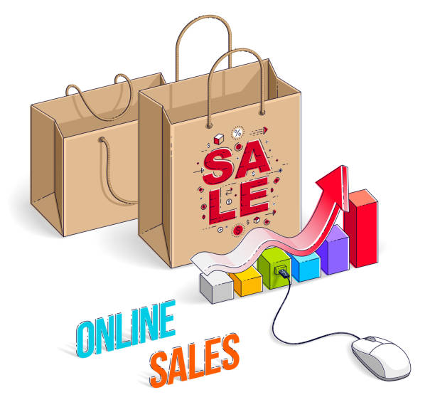 Online Shop concept, web store, internet sales, Shopping bag with pc mouse and growth chart isolated on white. Vector 3d isometric business and finance illustration, thin line design. Online Shop concept, web store, internet sales, Shopping bag with pc mouse and growth chart isolated on white. Vector 3d isometric business and finance illustration, thin line design. off balance stock illustrations