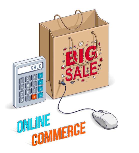 Online Shop concept, web store, internet sales, Shopping bag with pc mouse and calculator isolated on white background. Isometric vector business and finance illustration, 3d thin line design. Online Shop concept, web store, internet sales, Shopping bag with pc mouse and calculator isolated on white background. Isometric vector business and finance illustration, 3d thin line design. off balance stock illustrations
