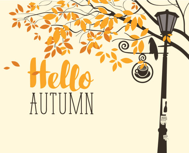 autumn landscape with tree, crow and lamp post Vector banner in retro style on the fall theme with the inscription Hello autumn. Autumn landscape with tree branches, a crow on the lamp post and street sign with cup of hot drink street light road sign old fashioned lantern stock illustrations