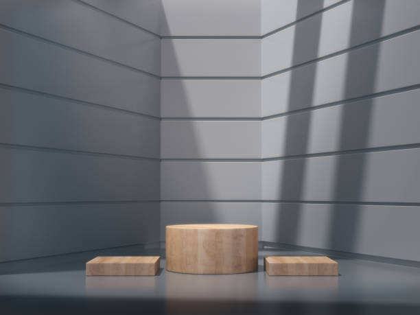 istock Wooden pedestal for display,Platform for design,Blank product stand with white empty room.3D rendering. 1018290626