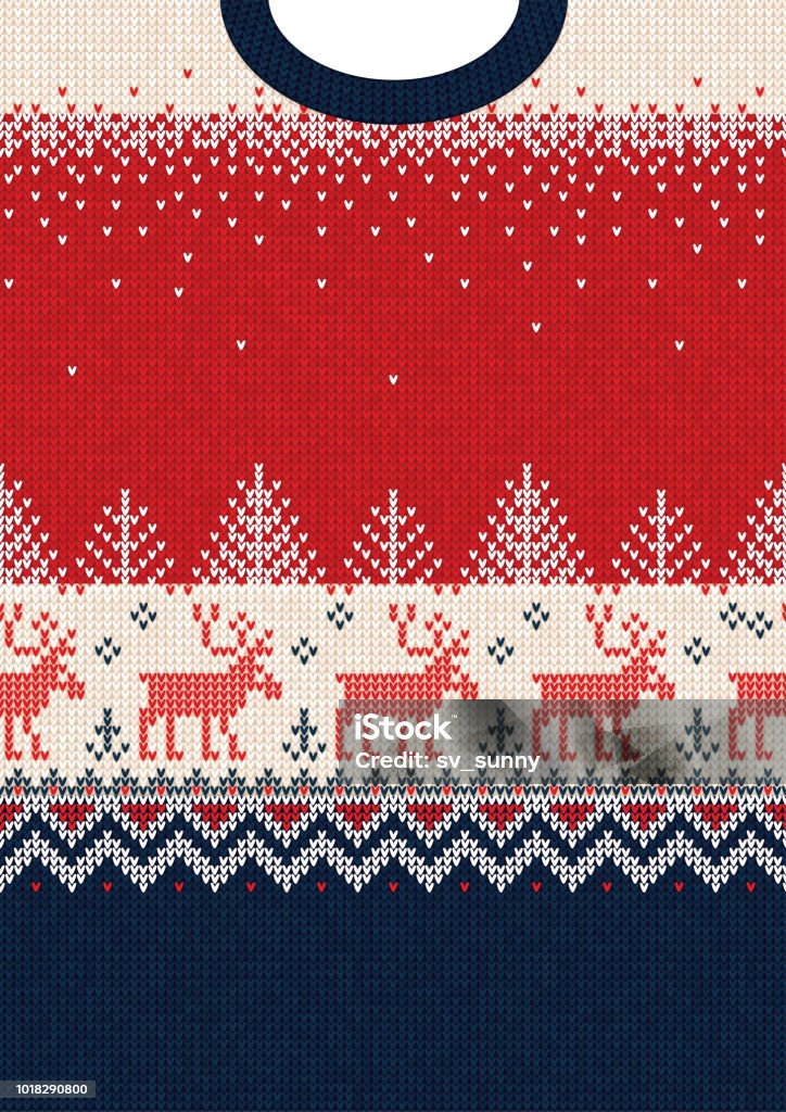 Merry Christmas New Year greeting card frame scandinavian ornaments deers Ugly sweater Merry Christmas and Happy New Year greeting card frame border template. Vector illustration seamless knitted background pattern deers scandinavian ornaments. White, red, blue colors. Christmas stock vector
