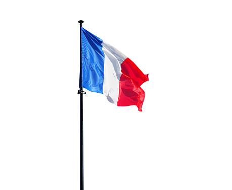 Flag of France on flagpole isolated on white background