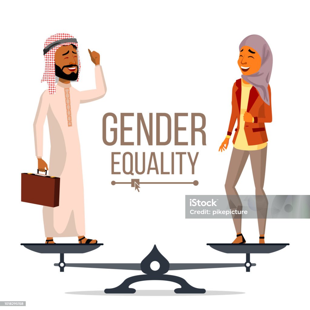 Ilustración de Vector De La Igualdad De Género Hombre De Negocios Mujer De  Negocios Igualdad De Oportunidades Derechos Masculinos Y Femeninos De Pie  En Las Escalas Aislado Plano Dibujos Animados Ilustración y