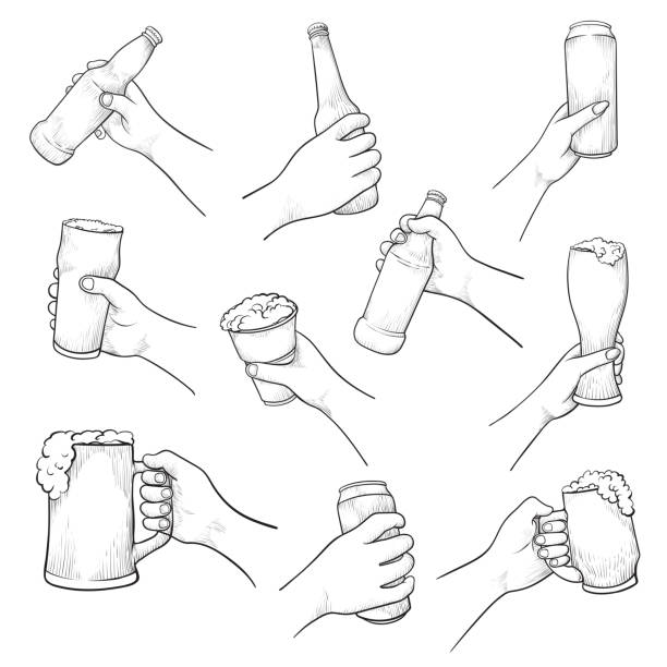 ilustrações, clipart, desenhos animados e ícones de mãos com vetor de cerveja esboçar o conjunto - cans toast