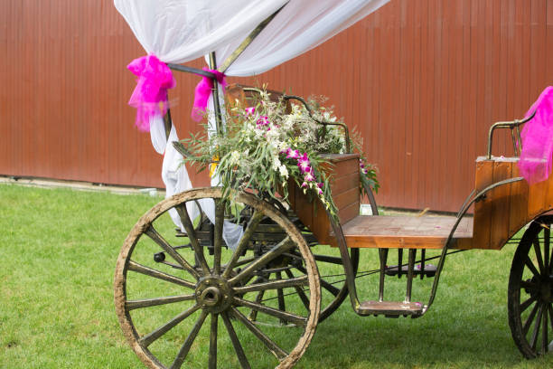 Roda de uma carruagem do casamento no gramado - foto de acervo