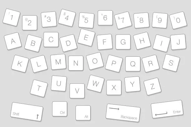 Vector illustration of Vector Keyboard Computer Letter Keys. Isolated White Buttons in Alphabetical Order