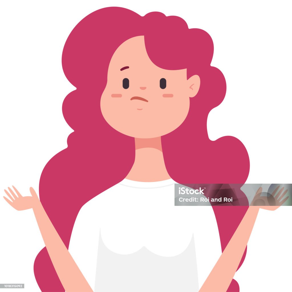 Puzzled and confused woman character. Vector cartoon illustration of a indifferent female isolated on white background. Indifferent woman vector cartoon flat character. Uncertainty stock vector