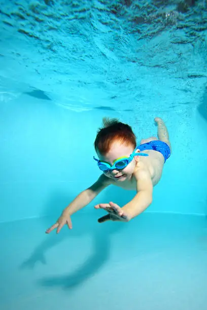 Little boy in glasses for swimming dives to the bottom of the pool underwater. Portrait. Vertical orientation.
