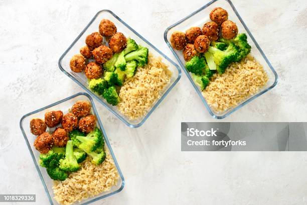 Meatballs And Broccoli Lunch Boxes Stock Photo - Download Image Now - Preparing Food, Meal, Container