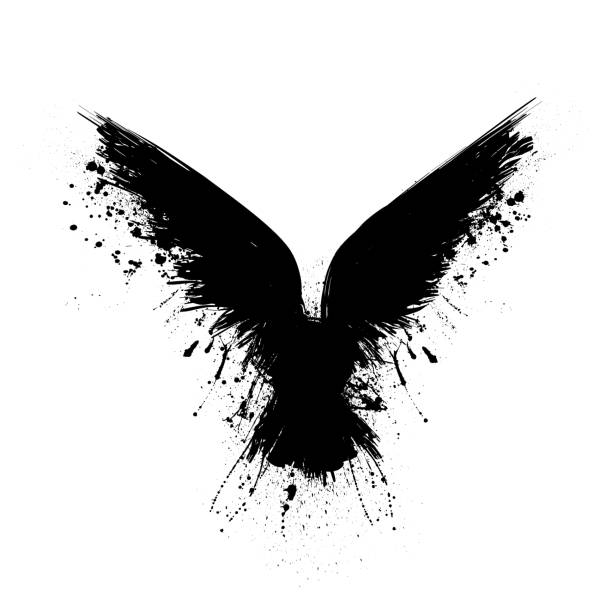 Black grunge raven Black grunge bird silhouette with ink splash isolated on white background tattoo icons stock illustrations